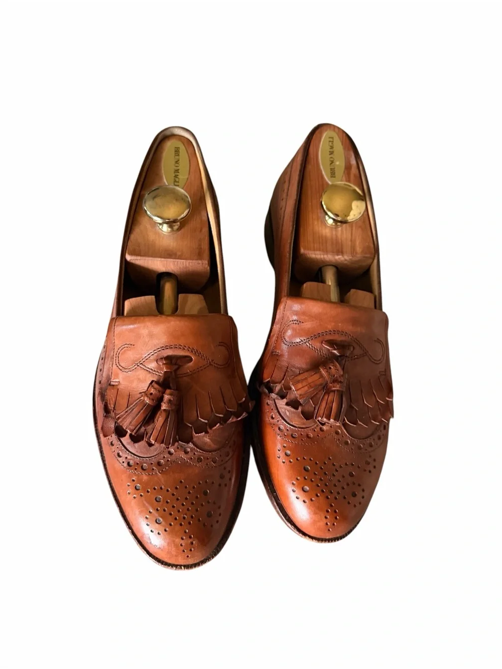 Bruno Magli Tan Leather Tassel Fringe Loafers